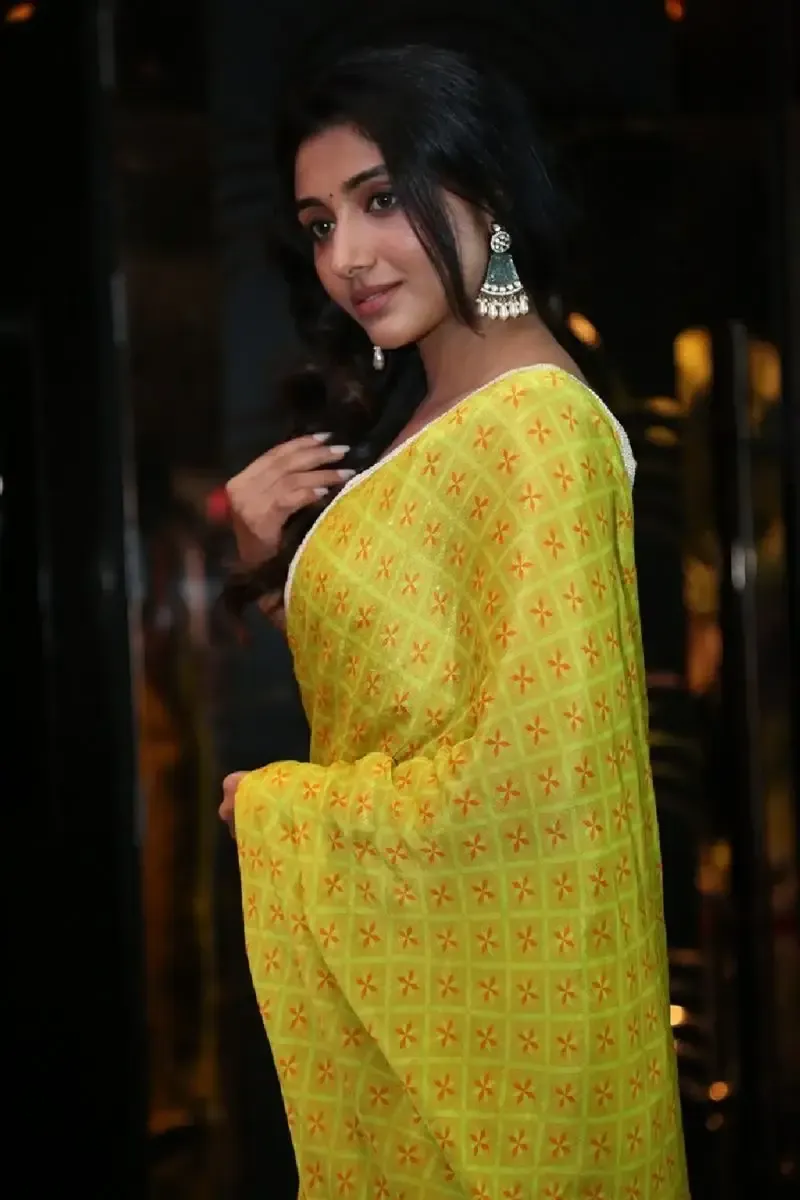 Indian Actress Mirnaa Menon in Yellow Saree at Ugram Movie Teaser Launch